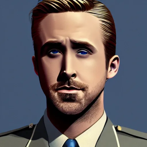 Prompt: Ryan Gosling Cinematic, a character study of the epic handsome male character wearing Pilot Uniform. character half body portrait, by,jc leyendecker, Ross Tran and WLOP, ARTSTATION, cgsociety, polycount, character design