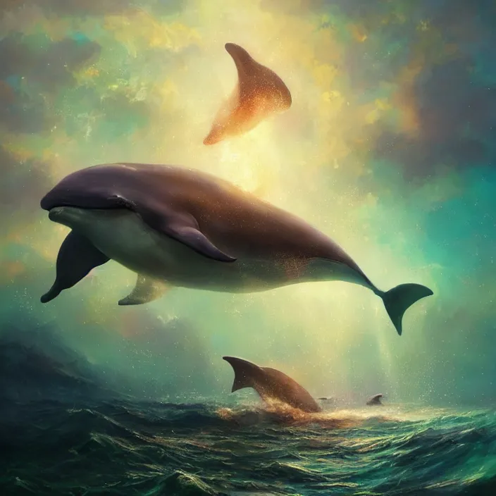 Image similar to glimmering whale, dolphins, cosmos, milky way galaxy, golden hour, god rays, coral reef, dreamscape by artgerm and ruan jia and ismail inceoglu and greg olsen, masterpiece, beautiful, intricate, elegant, highly detailed