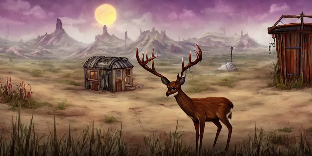 Image similar to a queer deer is visiting a post - apocalyptic town of flower huts in the badlands, matte oil painting, extreme body modification, salt dunes, rust, retrofutistic, science fantasy, rpg, roguelike, epic, plants