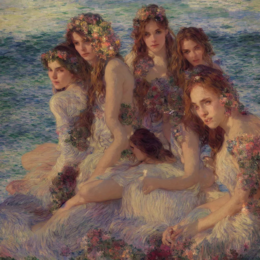 Image similar to illustration studio portrait of three beautiful girl in an artistic pose resting in the beach, monet painterly motives and textures pattern, hyper detailed, octane render, vivid colors, artstation, by jeremy mann, by alphonse mucha, by monet