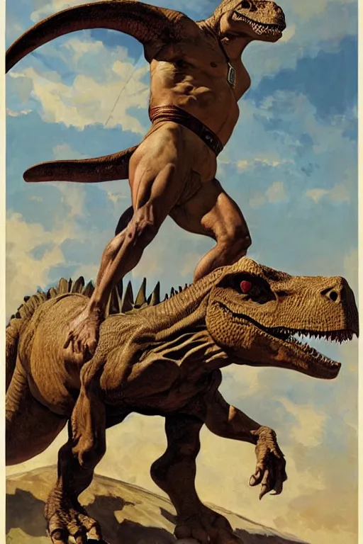 Image similar to strong man riding a dinosaur, by j. c. leyendecker, james gurney