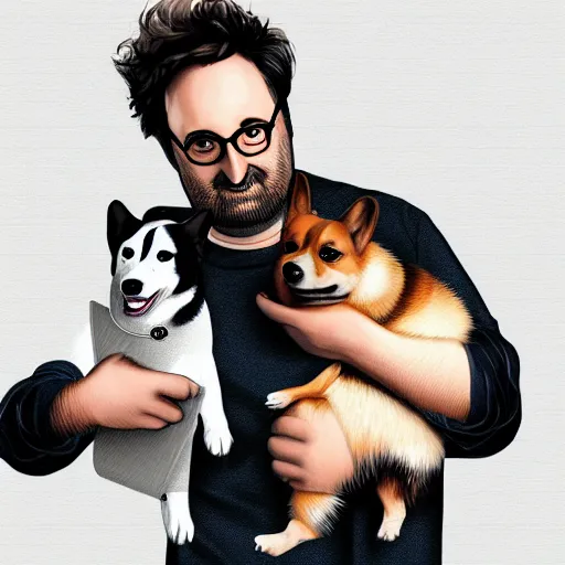 Image similar to Eric Wareheim as a hacker with a corgi, digital painting, 4k, anime key visual, artstation, kuvshinov ilya