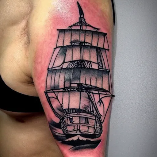 Image similar to A pirate ship tattoo design in the style of Dmitriy Samohin, hyper realistic tattoo