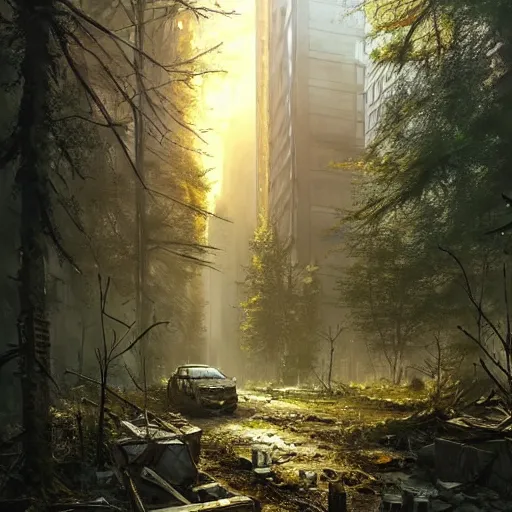 Image similar to postapocalyptic city of munich!!!, wild forest!!! vegetation!!!, small rubble!!, hyperrealistic, highly detailed, cinematic, sunny light, beautiful, cgssociety, artstation, 8 k, oil painting by greg rutkowski, by artgerm, by wlop