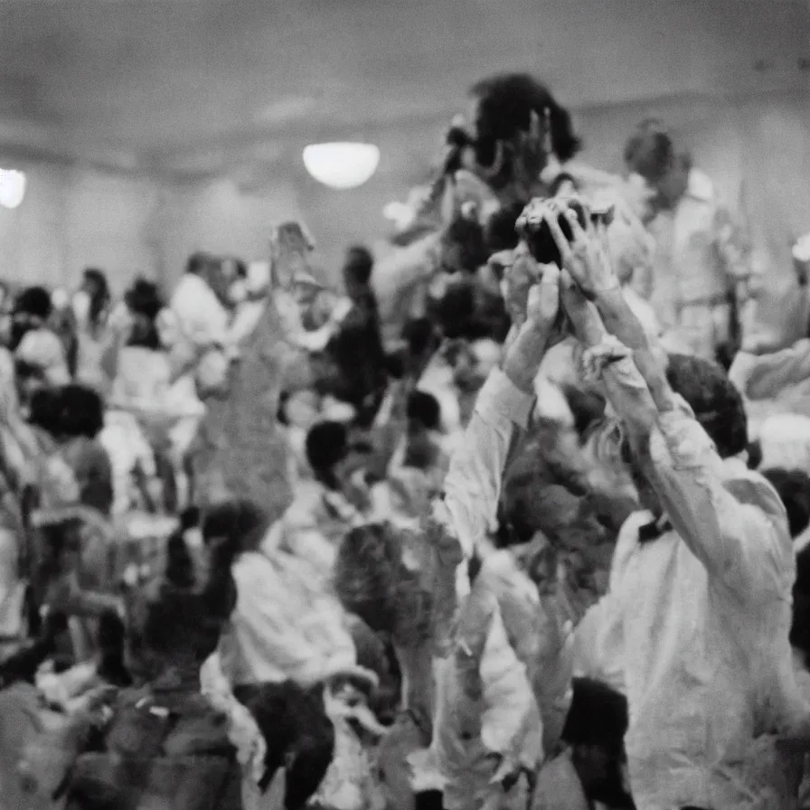 Image similar to 7 0 s movie still of an old man in a soviet ballroom with multiple hands on the floor, cinestill 8 0 0 t 3 5 mm, heavy grain, high quality, high detail