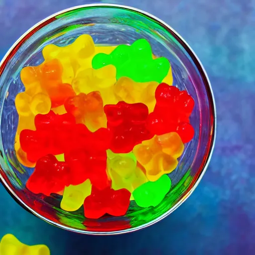 Prompt: macro image of a bowl full of gummy bears, realistic, glistening, slightly sprayed with water.