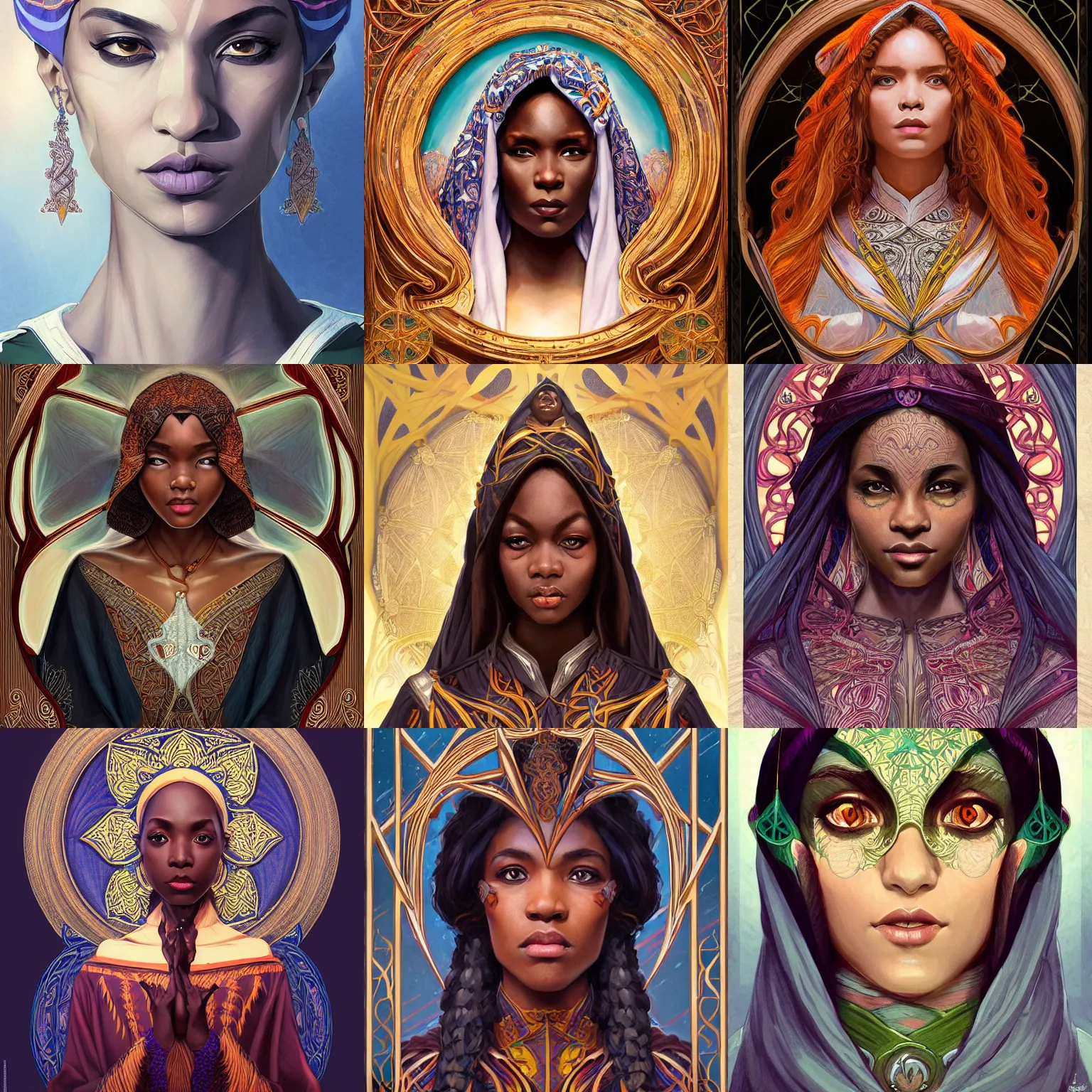 Prompt: head-on symmetrical centered painted portrait, Ghana Ali as a D&D wizard, art nouveau, medieval robes, fantasy, intricate, elegant, highly detailed, smooth, sharp focus, illustration, artstation, in the style of Artgerm and Anna Podedworna and Alex Ross and Mucha