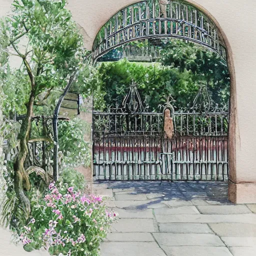 Image similar to delicate, chairs, garden, paved, botanic watercolors, iridescent, 8 k, realistic shaded, fine details, artstation, italian, iron gate, tree, mediterranean