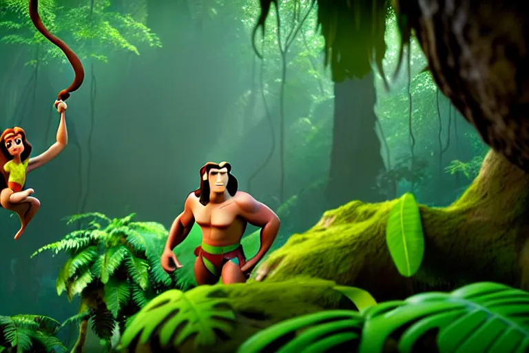 Image similar to cartoon tarzan in the jungle, screenshot in a typical pixar movie, disney infinity 3 star wars style, volumetric lighting, subsurface scattering, photorealistic, octane render, josh black