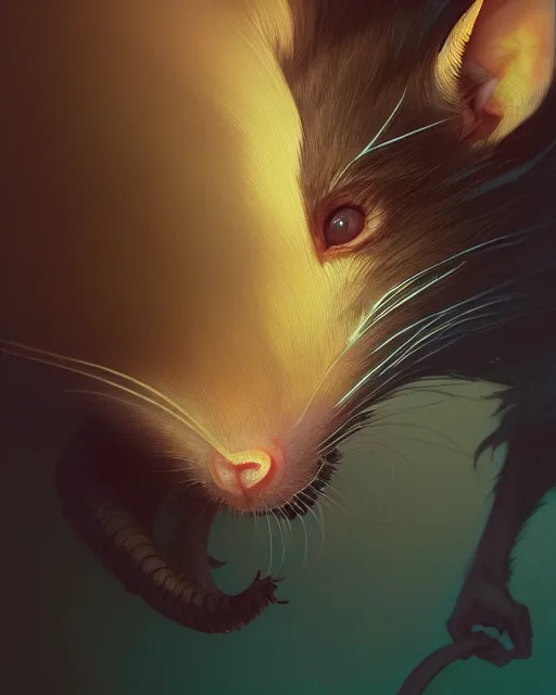 Image similar to highly detailed vfx portrait of a rat, unreal engine, greg rutkowski, loish, rhads, beeple, makoto shinkai and lois van baarle, ilya kuvshinov, rossdraws, tom bagshaw, alphonse mucha, global illumination, detailed and intricate environment