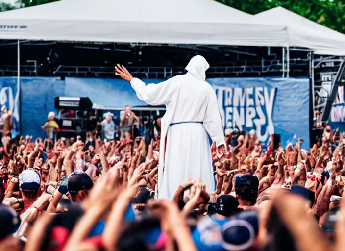 Prompt: photo still of mother teresa on stage at vans warped tour!!!!!!!! at age 5 8 years old 5 8 years of age!!!!!!! throwing roseries to the crowd, 8 k, 8 5 mm f 1. 8, studio lighting, rim light, right side key light