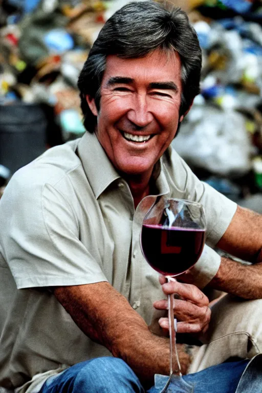 Prompt: randy mantooth smiling and dribbling sitting on a pile of garbage and drinking wine