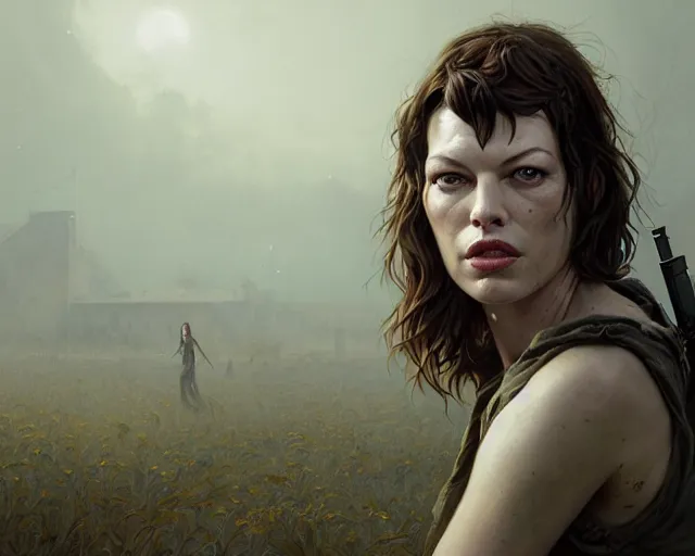 Image similar to highly detailed portrait of milla jovovich, in the walking dead, stephen bliss, unreal engine, fantasy art by greg rutkowski, loish, rhads, ferdinand knab, makoto shinkai and lois van baarle, ilya kuvshinov, rossdraws, tom bagshaw, global illumination, radiant light, detailed and intricate environment