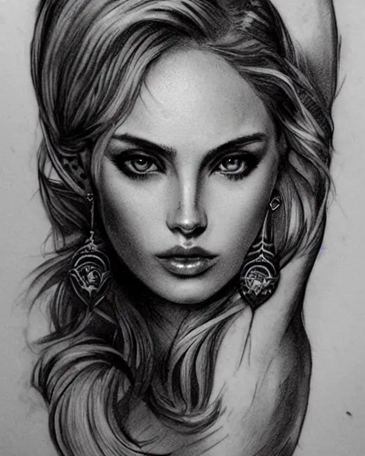 Image similar to tattoo sketch of beautiful greek goddess aphrodite with arrowhead earrings, beautiful piercing eyes, flowing blonde hair, realistic face, hyper realistic, in the style of greg rutkowski, fantasy, amazing detail, epic, intricate, elegant, smooth, sharp focus