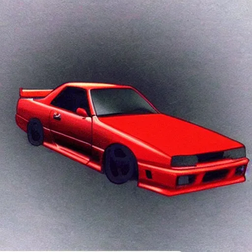 Image similar to beautiful illustration of a ninja driving a modified Nissan skyline r34 with red liquid on it