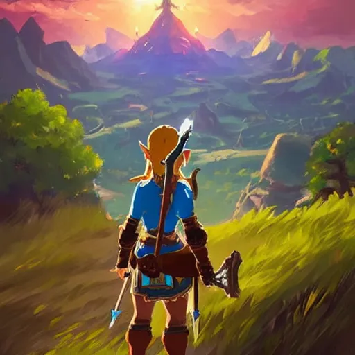 Image similar to oil painting of zelda breath of the wild, mountain in the background. beautiful, rpg, dnd, artstation, artgerm, disney, pixar