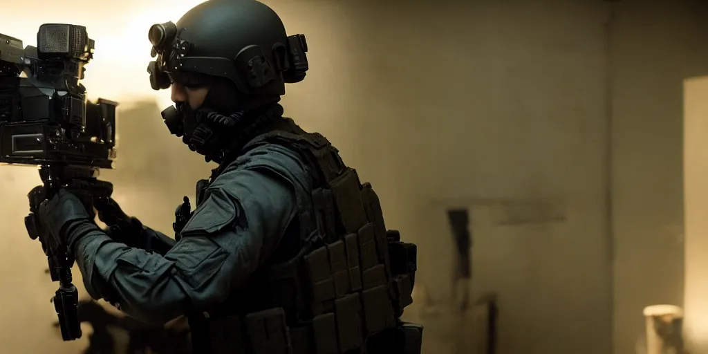 Image similar to vfx film, swat team squad, breach and clear, gang house, flat color profile low - key lighting award winning photography arri alexa cinematography, cinematic beautiful natural skin, famous face, atmospheric cool color - grade