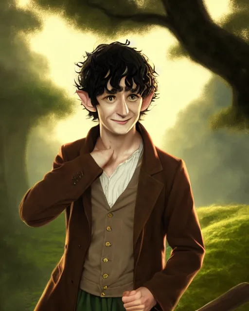 Image similar to portrait Anime joyful Hobbit Frodo Baggins; velvet brown jacket, backpack, Shire background || cute-fine-face, pretty face, realistic shaded Perfect face, fine details. Anime. realistic shaded lighting by Greg Rutkowski