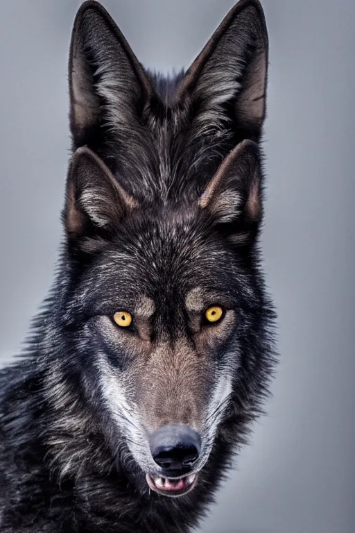 Prompt: a black wolf sitting alone with white eyes, studio lighting