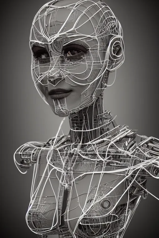 Image similar to robot with human face, female head, woman human face, human face realistic, human head, cyborg frame concept, cyborg by ales-kotnik, sci-fi android female, full body photo, wire body, body made of wires, full body