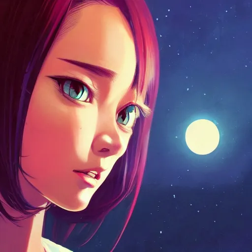 Image similar to A potrait of an alien with big and cute eyes, fine-face, realistic shaded perfect face, fine details. Night setting. Very anime style. Realistic shaded lighting poster by Ilya Kuvshinov katsuhiro, magali villeneuve, artgerm, Jeremy Lipkin and Michael Garmash, Rob Rey and Kentarõ Miura style, trending on art station