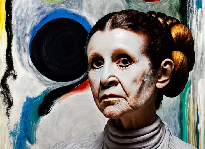 Prompt: portrait of princess leia, by vincent lefevre and hernan bas and pat steir and hilma af klint, psychological, photorealistic, dripping paint, washy brush, rendered in octane, altermodern, masterpiece