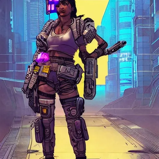 Image similar to Athena. Apex legends cyberpunk bounty hunter. Concept art by James Gurney and Mœbius.