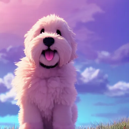 Image similar to a wholesome animation key shot of a bernedoodle on a hill, fluffy pink anime clouds, studio ghibli, pixar animation, sharp, rendered in unreal engine 5, anime key art, bloom, dramatic lighting
