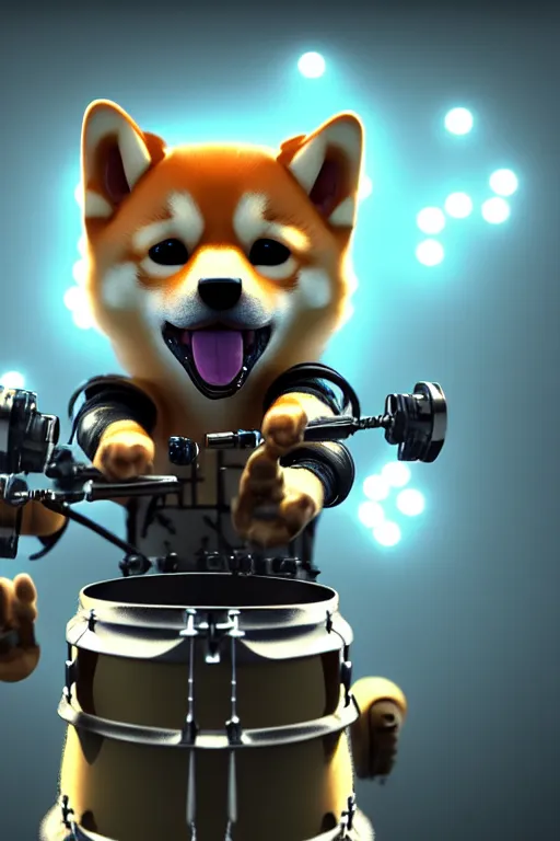 Image similar to high quality 3 d render very cute cyborg shiba inu plays drums, cyberpunk highly detailed, unreal engine cinematic smooth, in the style of blade runner & pixar, hannah yata charlie immer, moody light, low angle, uhd 8 k, sharp focus