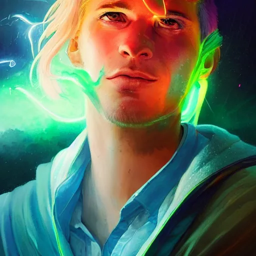 Image similar to portrait of a light haired young man with a scar across his left eye has an epic idea, rainbowpunk, high detail, concept art, neon color, vivid color, floating particles, glowing green eyes, spiral smoke, background by john harris + andreas rocha, artwork by charlie bowater + artgerm + anato finnstark + ross tran