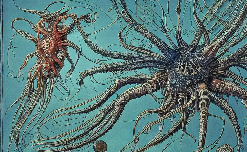 Image similar to sci - fi biomechanical, colored monster character design, fantasy. intricate jellyfish crab eagle lizard biomechanical. by ernst haeckel