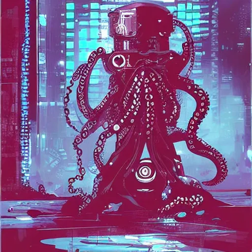 Image similar to a cyberpunk octopus, in the style of Ashley Wood and Moebius