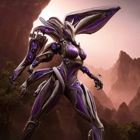 Image similar to extremely detailed cinematic low ground shot of a giant 1000 meter tall beautiful stunning female warframe goddess, that's an anthropomorphic hot robot mecha female dragon, silver sharp streamlined armor, detailed head, sharp claws, glowing Purple LED eyes, sitting cutely in the background on top of a mountain, a tiny forest with a village in the foreground, fog rolling in, dragon art, warframe fanart, Destiny fanart, micro art, macro art, giantess art, fantasy, goddess art, furry art, furaffinity, high quality 3D realistic, DeviantArt, Eka's Portal, HD, depth of field