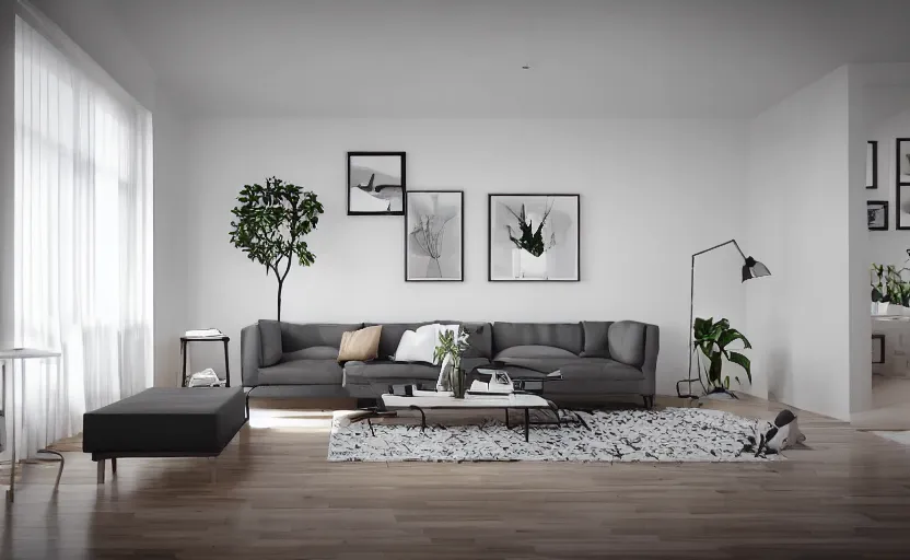 Image similar to modern scandinavian living room, bright, light wood, clean, cozy, 3 d render