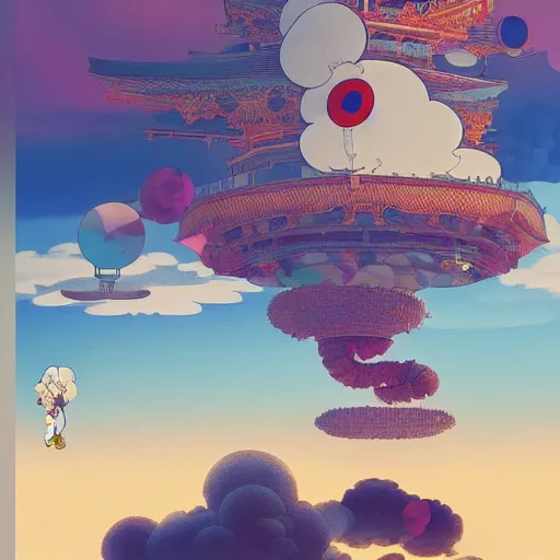 Image similar to a man walking on clouds above kyoto by takashi murakami, beeple and james jean, aya takano color style, 4 k, super detailed