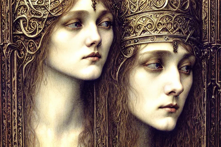 Image similar to detailed realistic beautiful young medieval queen face portrait by jean delville, gustave dore and marco mazzoni, art nouveau, symbolist, visionary, gothic, pre - raphaelite. horizontal symmetry