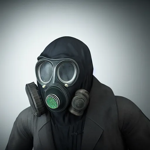 Prompt: hooden villain wearing a gas mask with smoke coming out of his body, dark background, unreal engine 5, ultra realistic, detailed, fog,