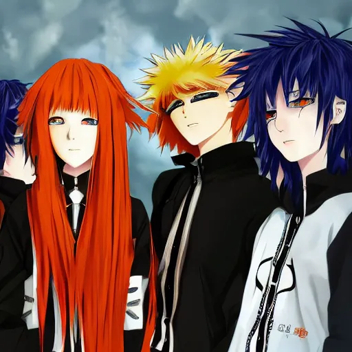 Image similar to orange - haired anime boy, 1 7 - year - old anime boy with wild spiky hair + 1 7 - year - old pale - skinned persian girl with black hair long bob cut, long bangs, black gothic jacket, ultra - realistic, sharp details, subsurface scattering, blue sunshine, intricate details, hd anime, 2 0 1 9 anime