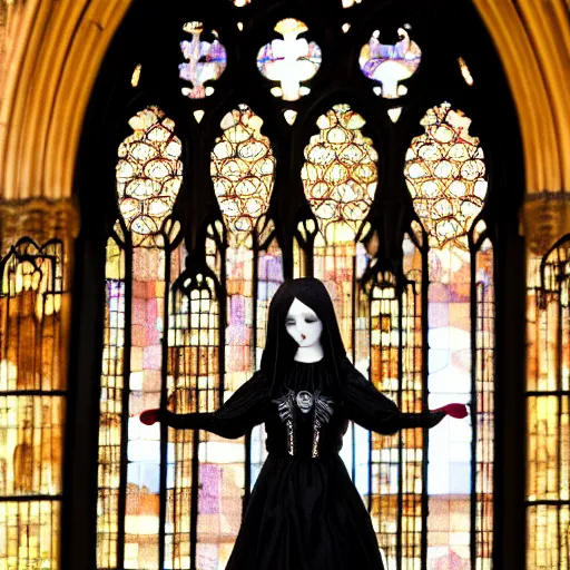 Image similar to 1 8 mm gothic girl dressed in black, behind her a gothic cathedral, dark ambients, the windows of the cathedral are reflecting red flame lights, golden hour, detailed face, intricate ornaments