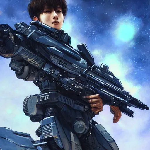 Image similar to award winning, extremely photorealistic, bokeh, beautiful detail, stars in the sky, cybernetic, sci-fi space game art, jeon Jungkook holding a gun. alien planet art by Akihito Yoshitomi AND Yoji Shinkawa AND Greg Rutkowski, Mark Arian trending on artstation