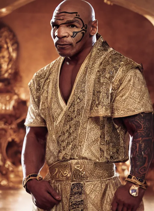 Image similar to mike tyson dressed in arab clothing, photohoot, set pieces, intricate set, vogue magazine, canon, highly realistic. high resolution. highly detailed. dramatic. 8 k. 4 k.