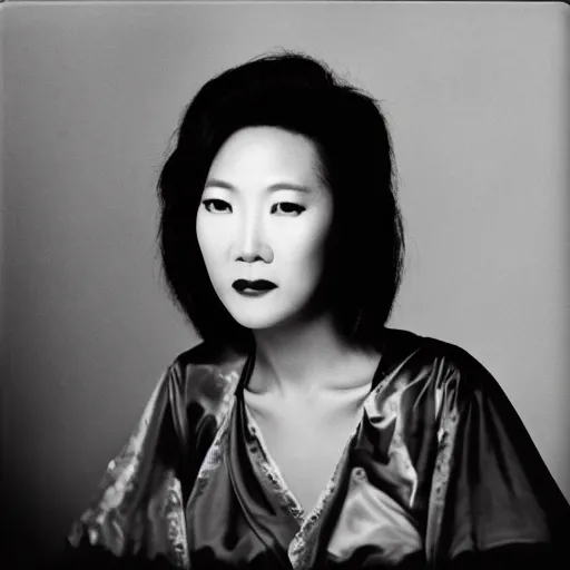 Prompt: photo of Anita Mui by Diane Arbus, extreme closeup, black and white, high contrast, Rolleiflex, 55mm f/4 lens