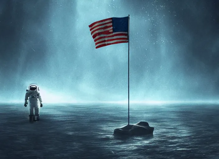 Image similar to astronaut holding a flag in an underwater desert. a submarine is visible in the distance. dark, concept art, cinematic, dramatic, atmospheric, 8 k, trending on artstation, blue, fish, low visibility, fog, ocean floor, christopher nolan, interstellar