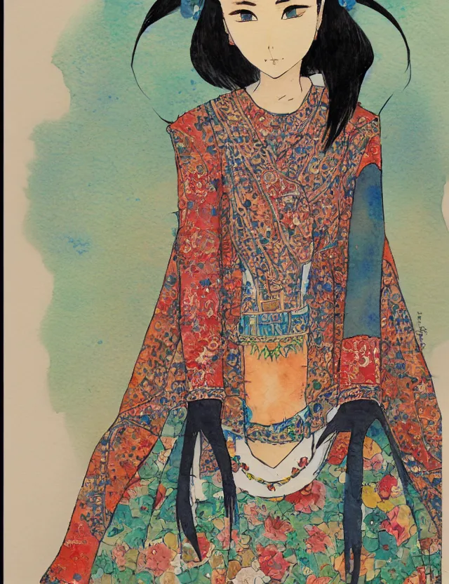 Prompt: central asian woman with cat ears, wearing a lovely dress. this watercolor painting by the award - winning mangaka has impeccable lighting, an interesting color scheme and intricate details.