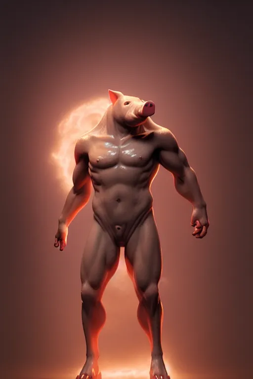 Prompt: Pig mixed with a greek god, very detailed, dramatic lighting, electrical details, high details, 4k, 8k, trending on artstation, by Greg Rutkowski, Wayne Barlowe, Hajime Sorayama and Boris Vallejo