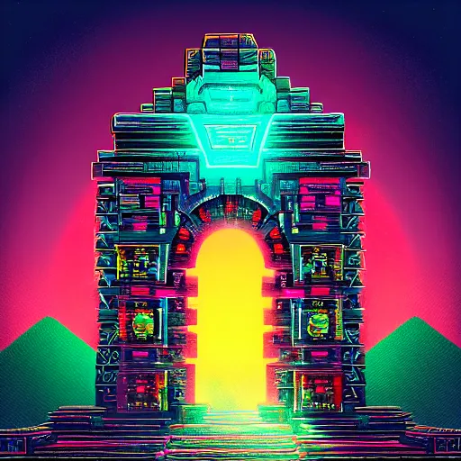 Image similar to ancient aztec structure, epic retrowave art, trending on art station