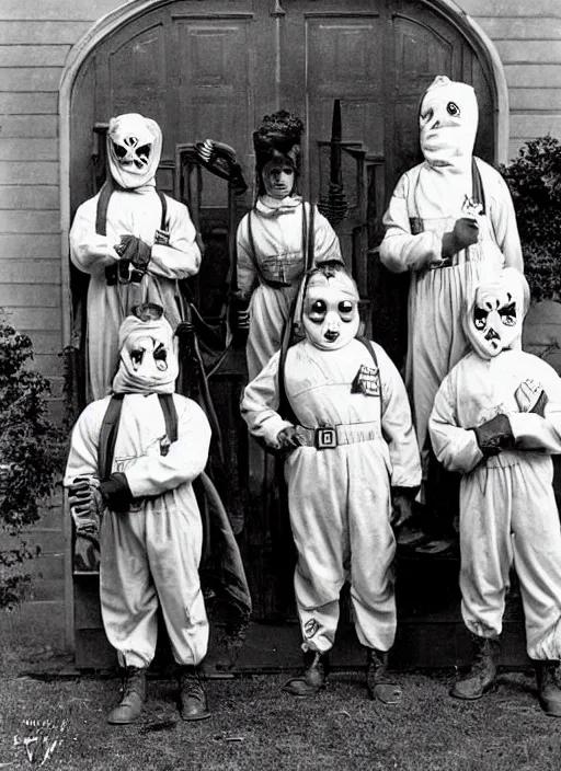 Image similar to photograph from 1903 of Halloween trick or treaters wearing Ghostbusters costumes, highly detailed, vintage film