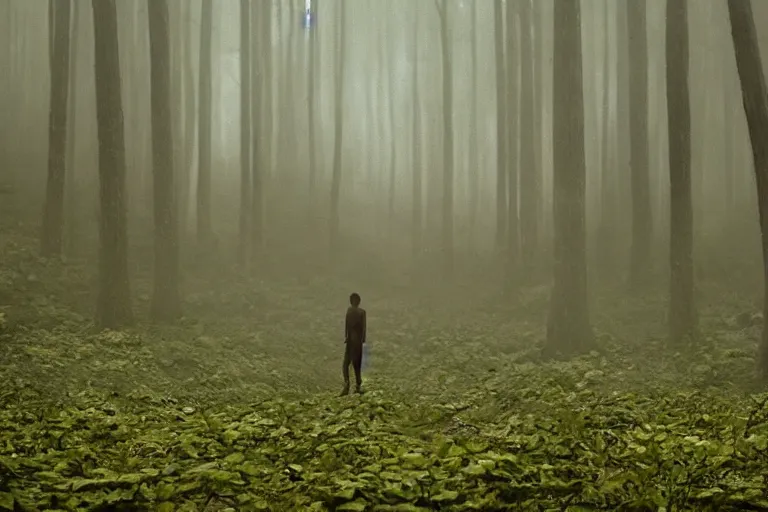 Prompt: a complex organic fractal 3 d ceramic humanoid megastructure in a lush forest, foggy, cinematic shot, photo still from movie by denis villeneuve