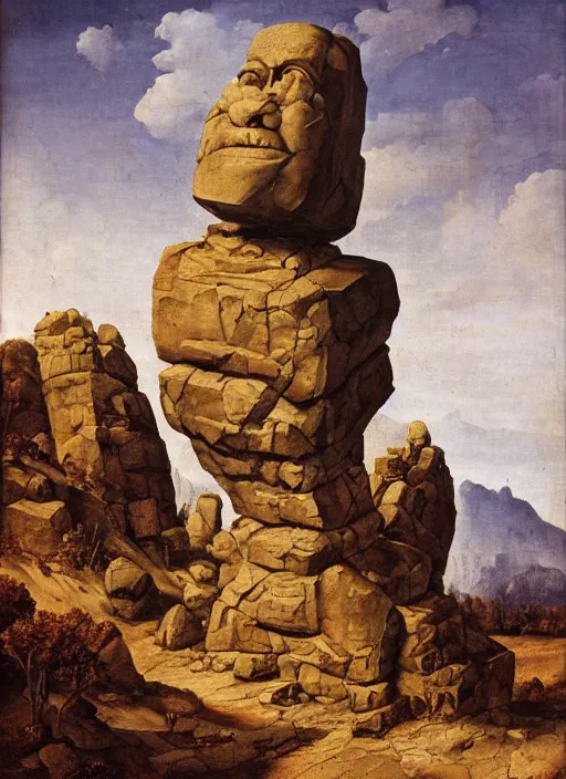 Image similar to the stone colossus placing a boulder, highly detailed, beautiful colors, renaissance mural, golden ration, in the style of sandro boticceli