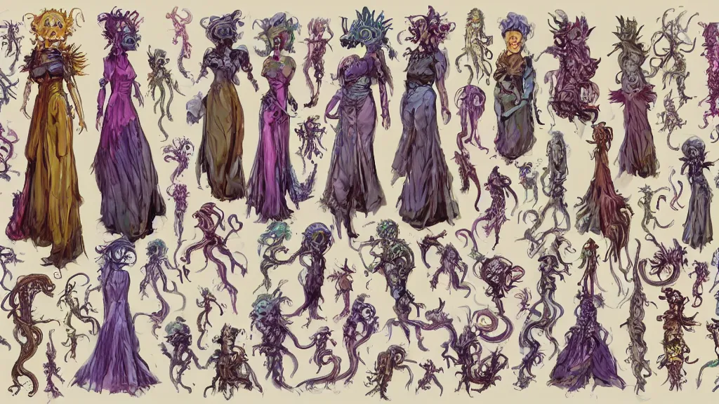 Prompt: highly detailed colorful character sheet for a stocky alien extraterrestrial victorian female servant maid with thick snake - like tentacles instead of hair, long dress with apron, mucha, jim henson creature shop, impact by craig mullins, by studio ghibli, digital art, trending on artstation, hd, 8 k, good lighting, beautiful, rough paper, masterpiece